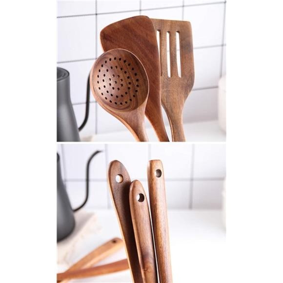 Wooden Spoons for Cooking, Tmkit Cooking Utensils Set of 6 Natural Teak Wooden - Picture 6 of 6
